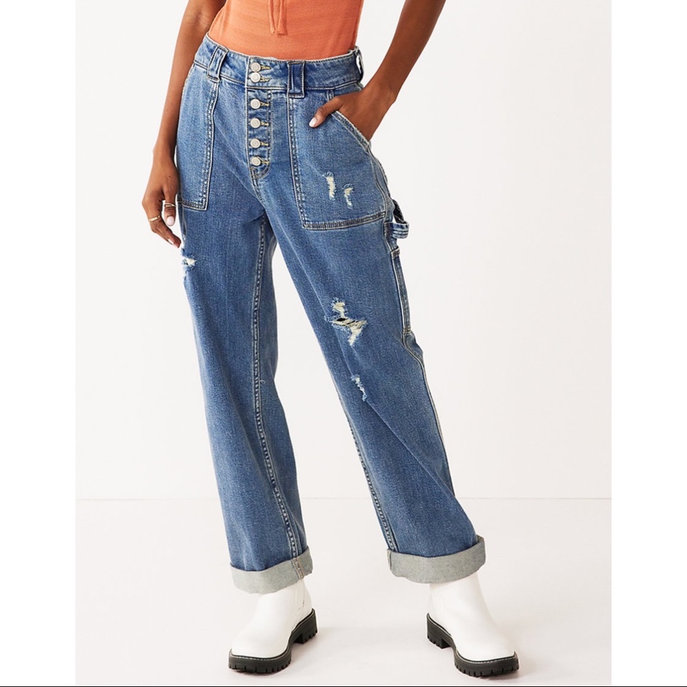 NWT SO Exposed Button Utility Denim Jeans Blue Juniors Size 5 / 27W
